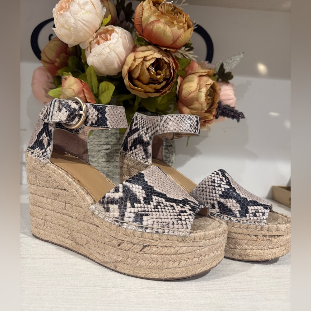 Marc Fisher Snake-Print Espadrille Wedges - Black and Cream